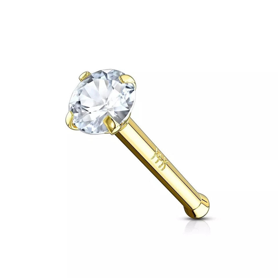 14K Yellow Gold 20G 18G Diamond Nose Ring With Choose L-Shape Nose Bone or Screw - Image 2 of 4