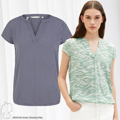 TOM TAILOR Damen Gemusterte Kurzarm Bluse V-Ausschnitt T-Shirt Top NEU