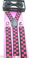 Black Adj  Pre-Tied Strap Bow tie & Pink Checkered Checker Suspenders Combo-New!