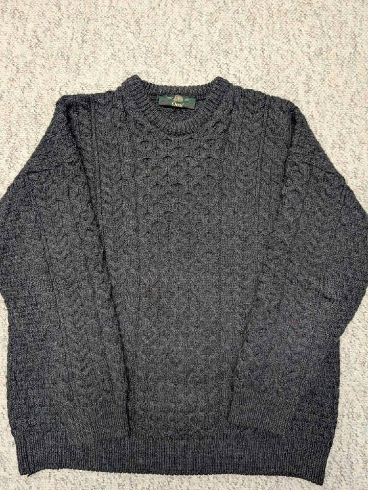 vintage ORVIS sweater IRELAND made L charcoal gray ARAN fisherman KNIT - Image 2 of 4