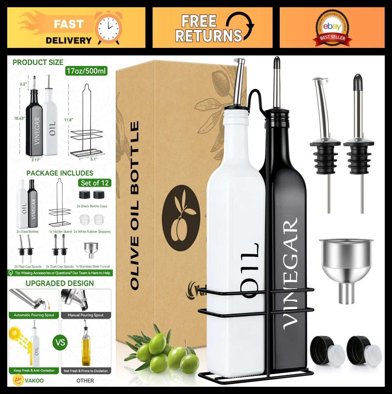 Oil and Vinegar Dispenser Set - 17oz Glass, Leak-Proof, Kitchen Condiment Bottle