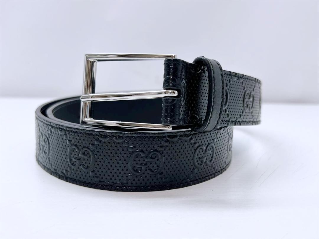 GUCCI GG Embossed Leather Belt in Black - 474313 85mm