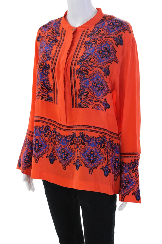 Blusa Top Naranja J Crew Para Mujer Estampado de Seda Cuello Henley Manga Larga Talla S Foto 2 de 4