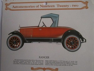 1922 Ranger Roadster calendar car print (orange & black, white top)