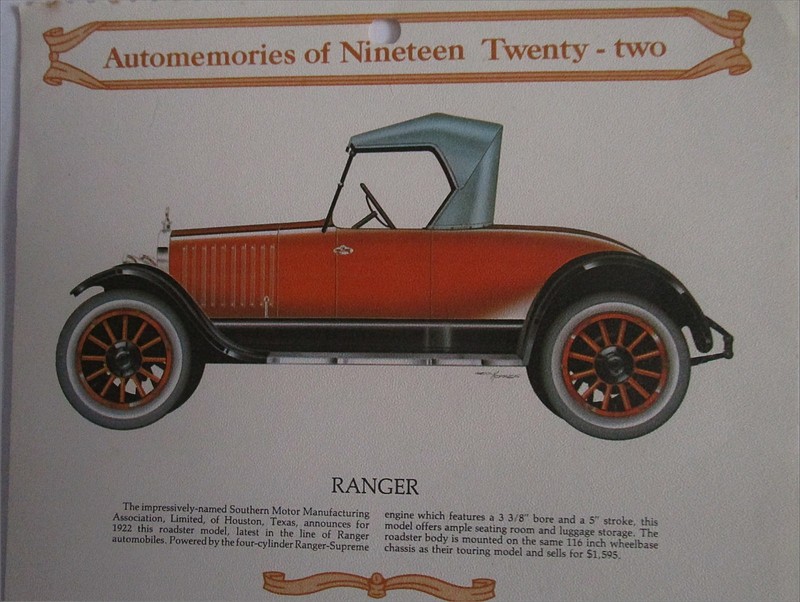 1922 Ranger Roadster calendar car print (orange & black, white top)