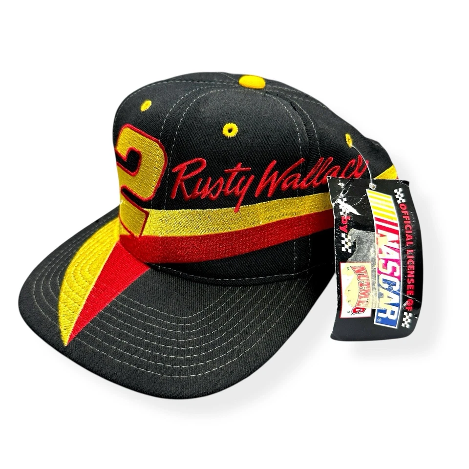De colección Años 90 Rusty Wallace #2 Nuez moscada Carreras Snapback Sombrero NASCAR Negro Rojo Amarillo  Foto 4 de 4