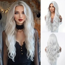 Elegant Silver White Long Curly Synthetic Wig Women Fashionable Hairpiece