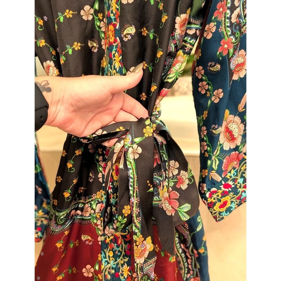 Vestido JOHNNY WAS Navajo Kimono Seda Talla S Cinturón Bordado Bolsillos Boho Asiático Foto 4 de 4