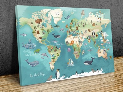 Weltkarte für Kinder Leinwandbild - Tierweltkarte Wandbild