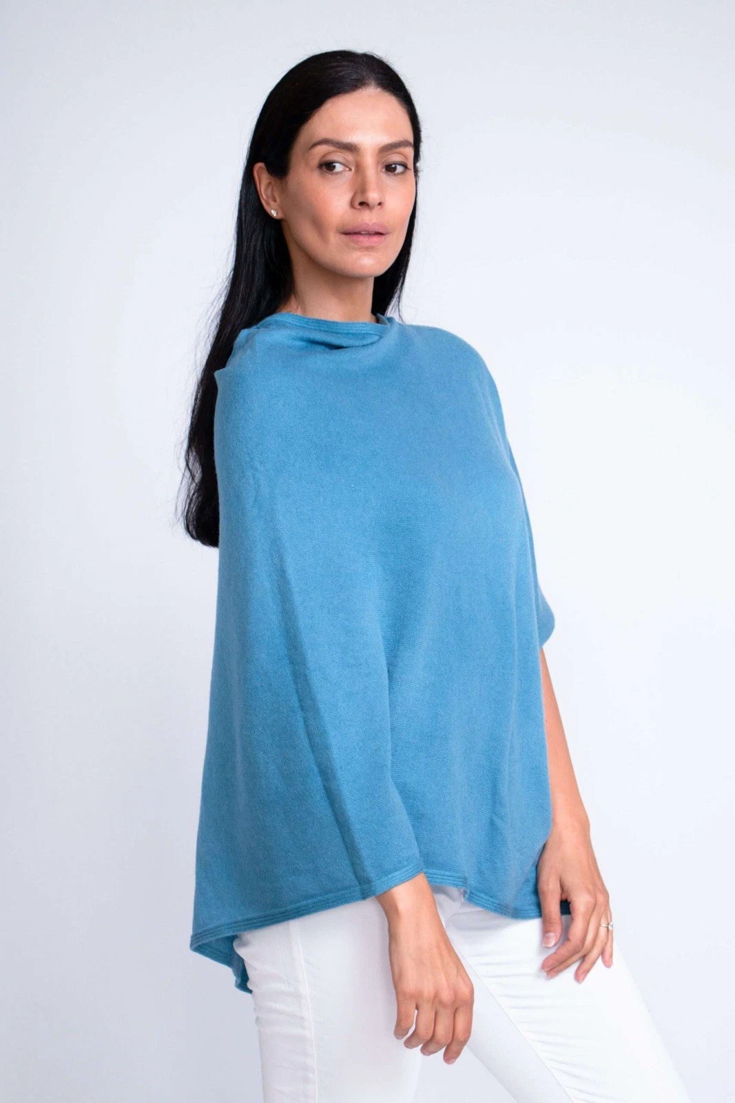 Handwoven Blue Cashmere Poncho Multicolour Pashmina Wool Wrap Soft Warm Women