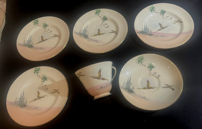 ROYAL DOULTON: 6 PIECES: COPPICE PATTERN PORCELAIN 4 B&B & CUP & SAUCER V 2105