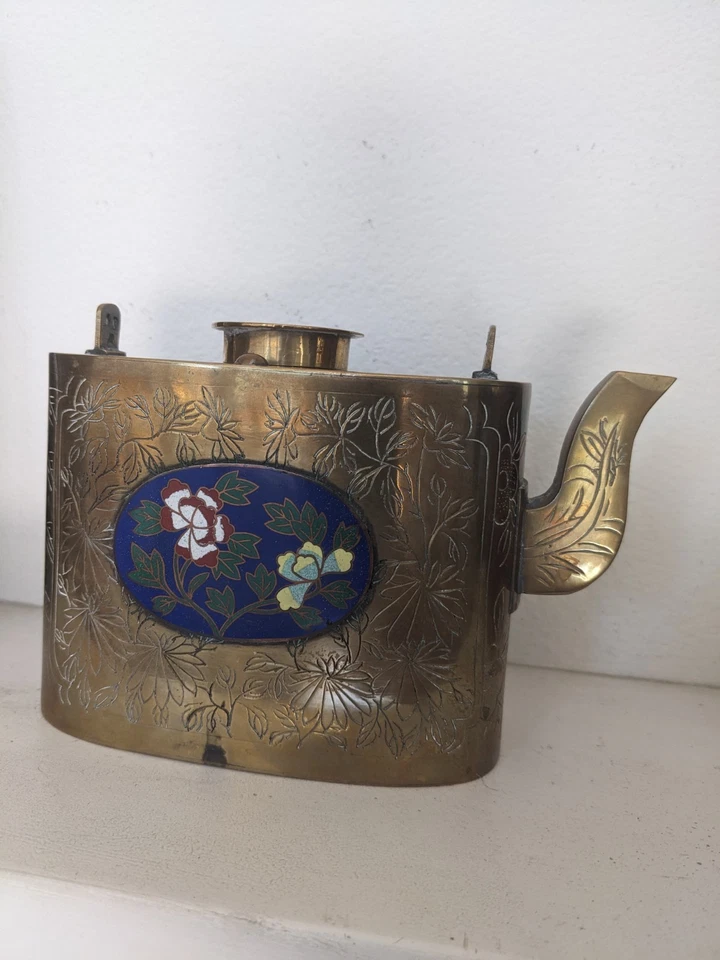 Tetera antigua china dinastía Qing latón esmalte cloisonne Foto 2 de 4