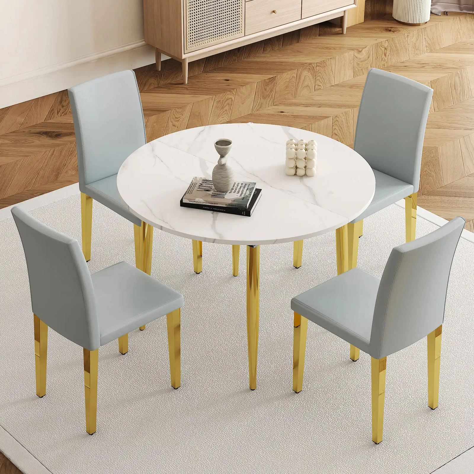 Table and chair set.Extendable MDF Dining Table.Paired with 4 light gray PU dining chairs.The pull-out table is ideal fo
