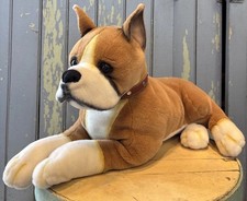Vtg FAO Schwartz Plush Boxer Dog w Collar 20 Laying Brown White