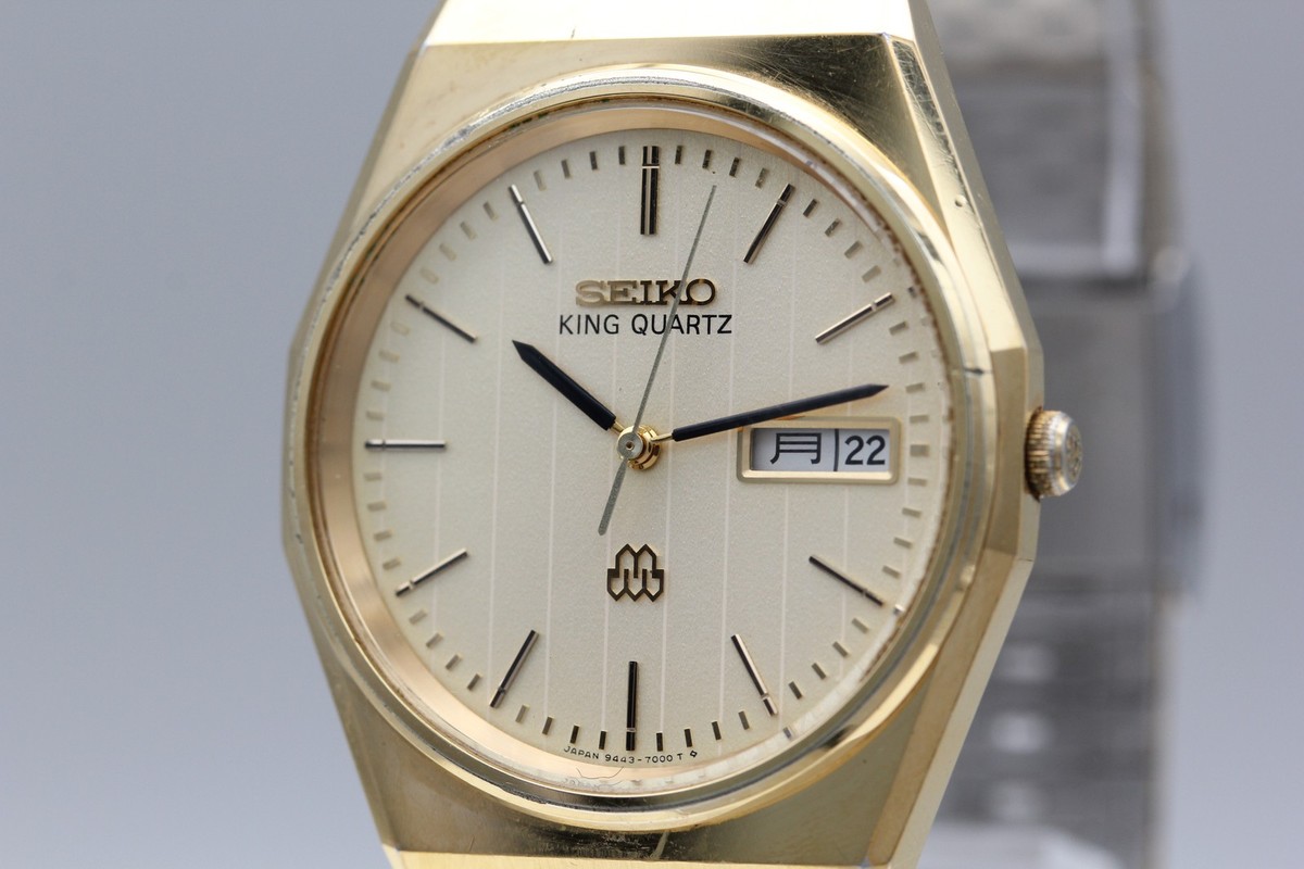 Vtg 1983 N MINT SEIKO King Twin Quartz 9443-7000 Gold Day/Date
