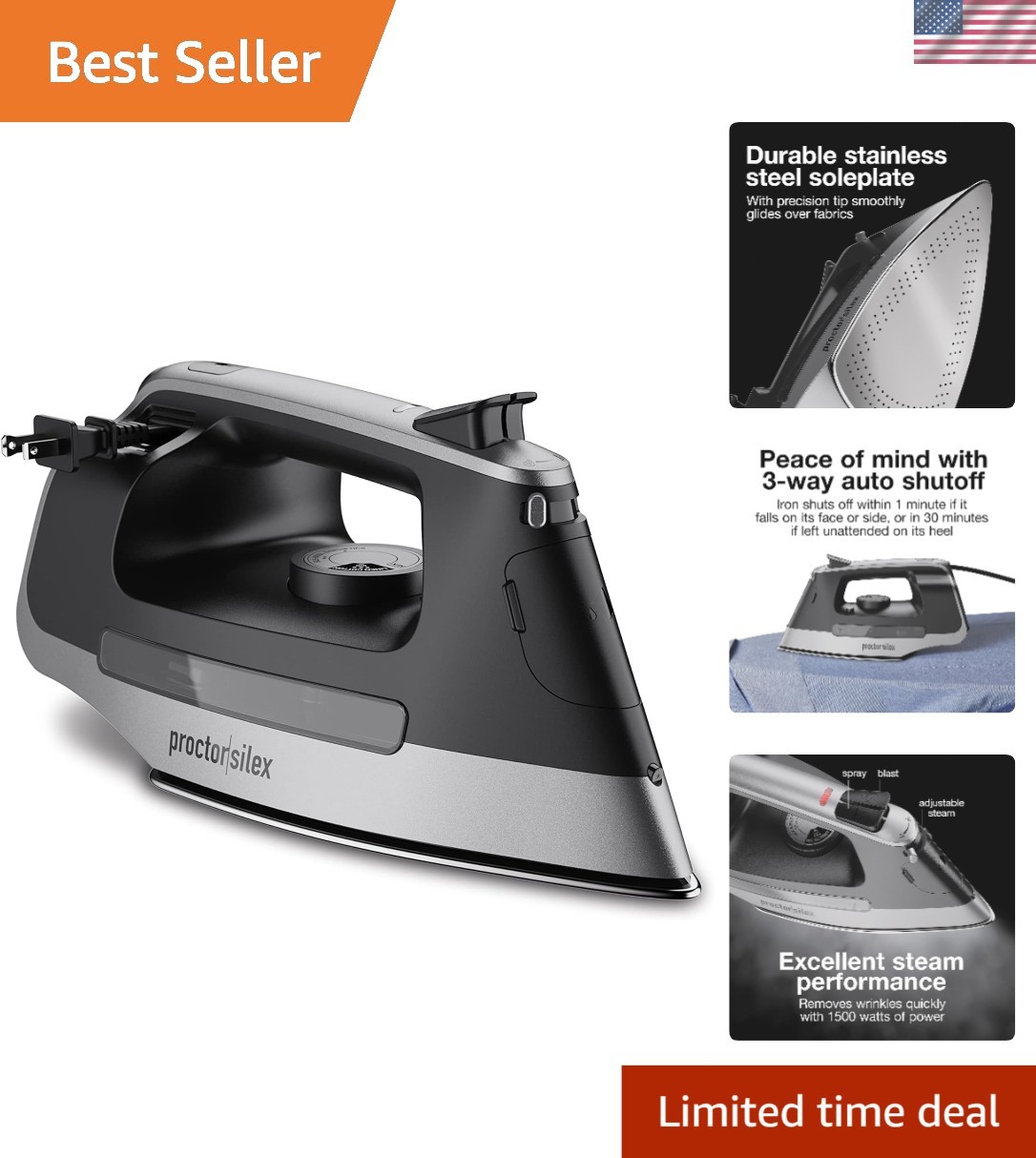 Clothes Stainless Steel Soleplate 1500 Watts Retractable Cor