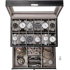 12 Grids Jewelry Case Storage Watch Box Leather Display Organizer Glass HOT Gift