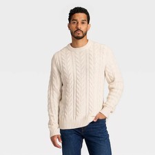 Men's Cable Crewneck Sweater - Goodfellow  Co Cream L