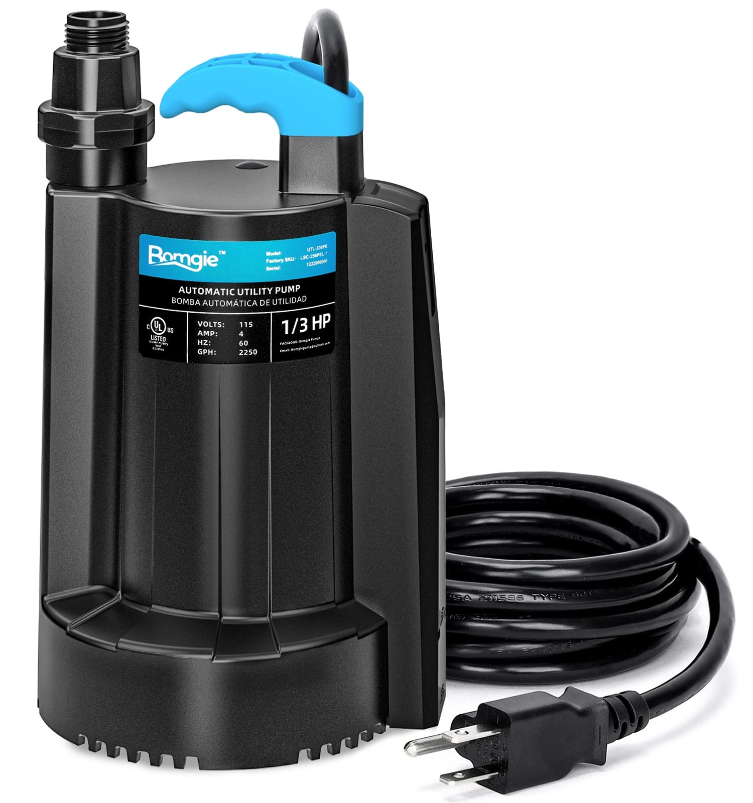 1/3 HP 2250GPH Submersible Utility Water Pump with 3/4