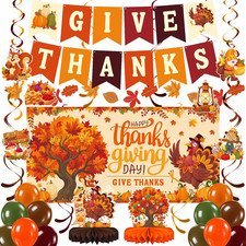 Thanksgiving Decorations Kit with Give Thanks Banner, Hanging Swirl ,Backdrop  Ho