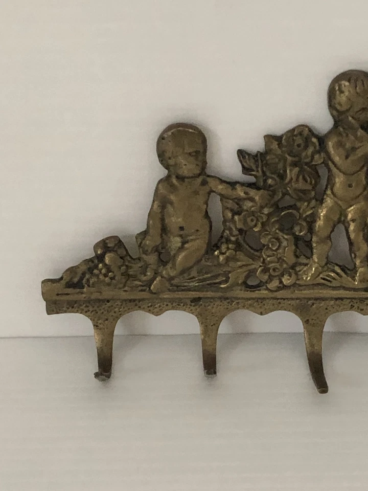 Vintage Brass Key Holder Cherubs Flowers 6 Hooks 22cm Long Wall Mount - image 2 of 4