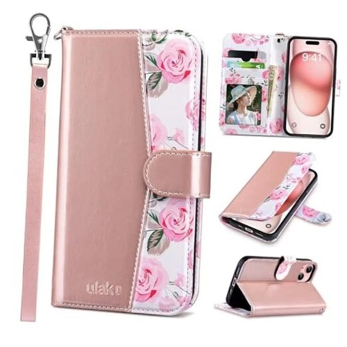  Compatible with iPhone 15 Wallet Case for Women, iPhone 15- 6.1 inch Rose Gold