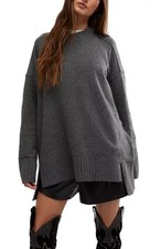Free People Phoebe Oversized Slouchy Gray Knit Crewneck Pullover Sweater Sz M
