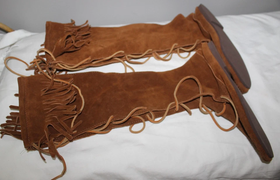 MOCASINES DE MUJER VINTAGE HECHOS A MANO EN EE. UU. GAMUZA CUERO CRUDO CON CORREAS TALLA 7 Foto 2 de 4