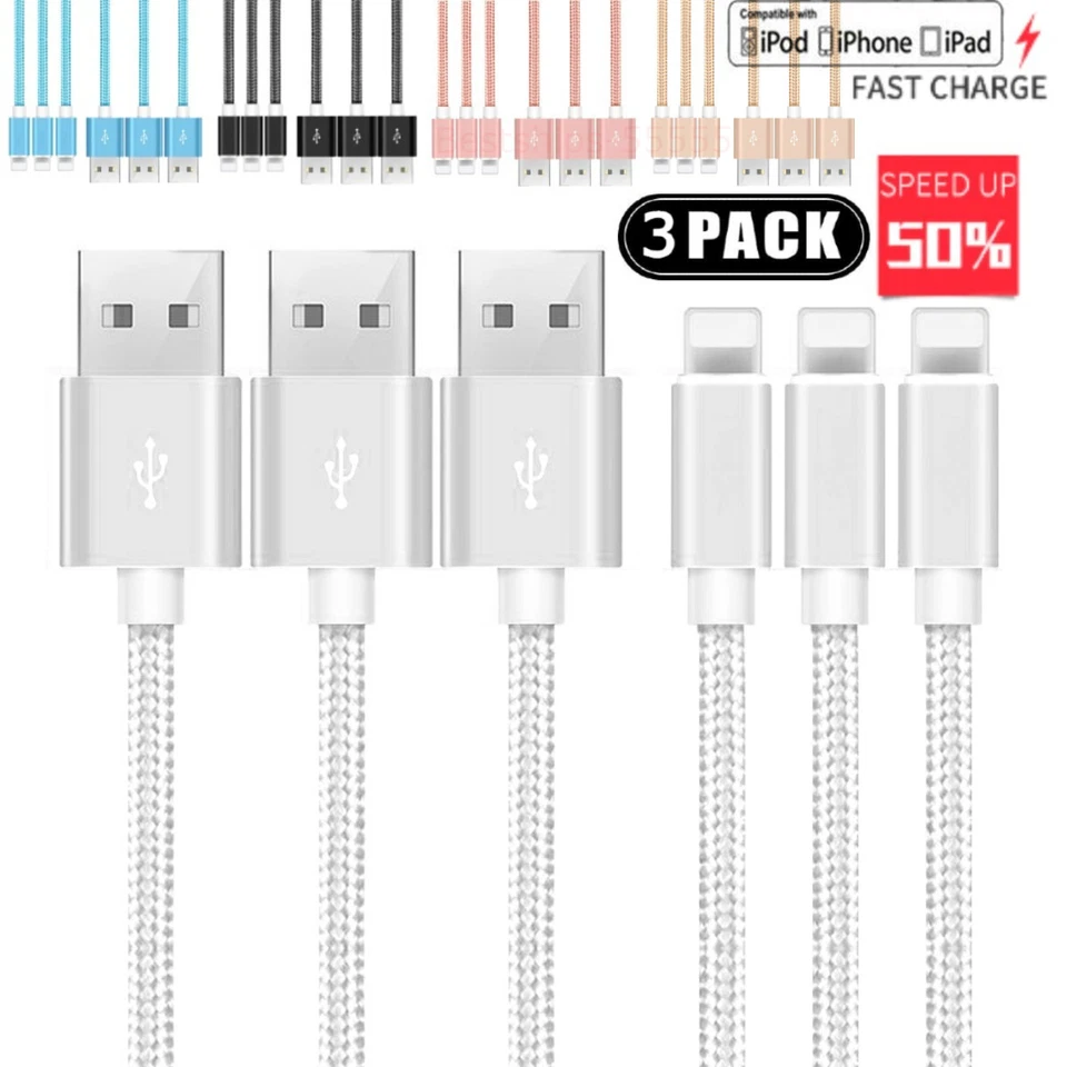 3 Pack For iPhone 13 12 11 X XR Plus Charger Cable Cord Heavy Duty Charging Cord - Image 2 of 4
