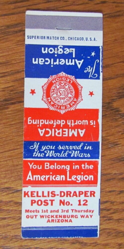 FRATERNAL AMERICAN LEGION MATCHBOOK COVER: WICKENBURG, AZ EMPTY MATCHCOVER -B9