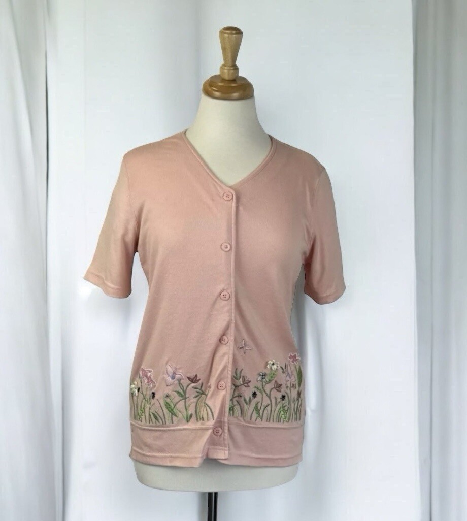 Cardigan Sweater Top S/M Pink Button Up Embroidered Floral Butterflies Fairy NWT-image