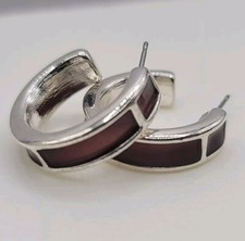 Vtg Red Enamel On Silver Tone Thick Hoop Pierced Earrings