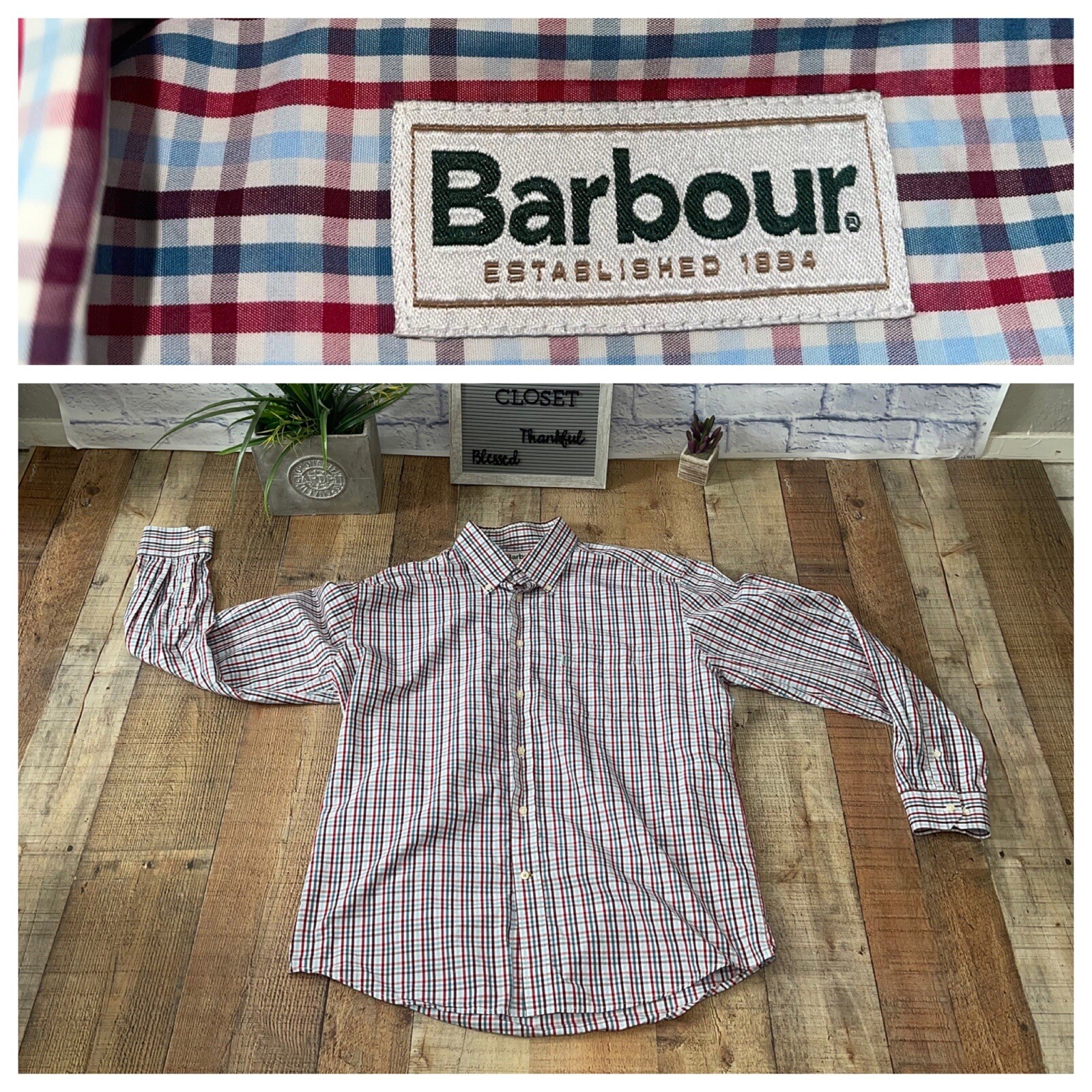 Barbour Button Down Shirt Men Small Plaid Long Sleeve Red Blue-image