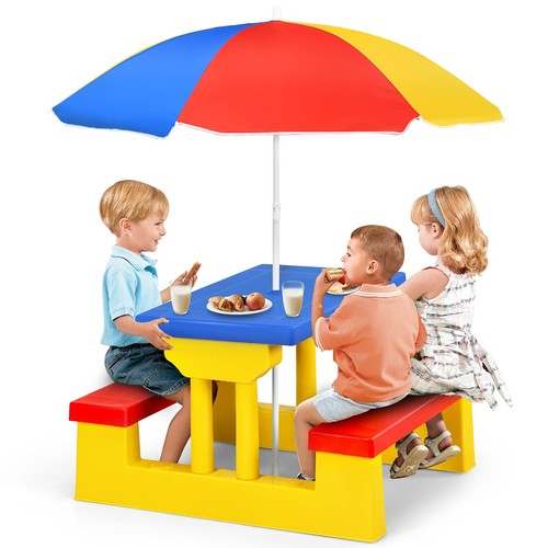 Kids Picnic Table, Toddler Plastic Outdoor Table & Bench Set with Umbrella, C...
