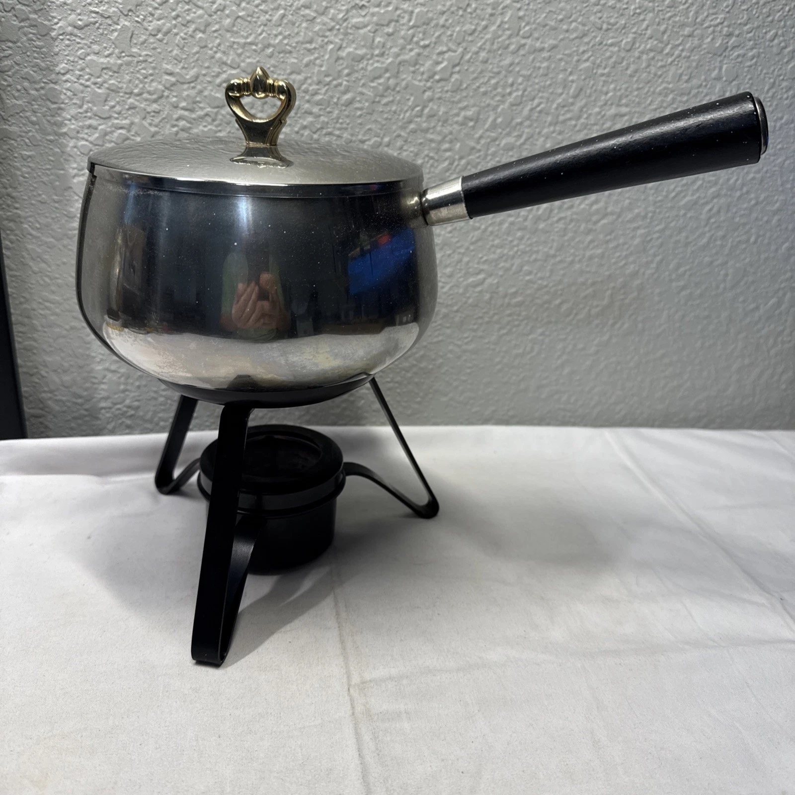 Vintage Stainless Steel Fondue Set Pot Lid Stand Burner 1960s-70s