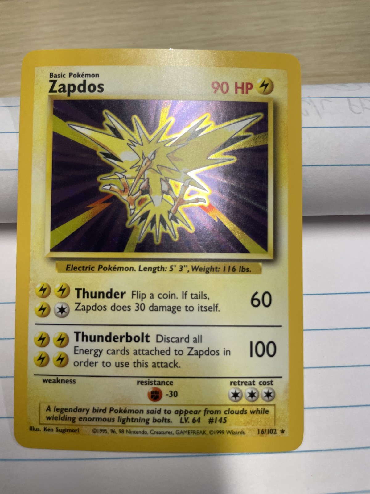 Pokémon TCG Zapdos Base Set (1999) 16/102 Unlimited Holo Rare LP Condition!!
