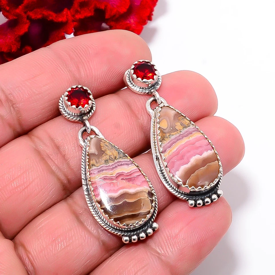 Brinco de prata esterlina 925 rodocrosita - Argentina e granada vermelha 1,68" E103711 - Imagem 3 de 4