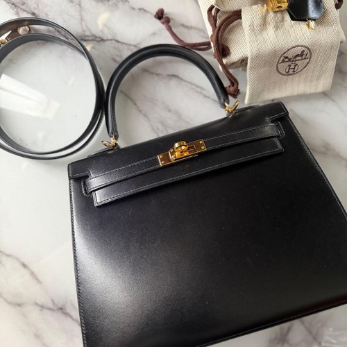 HERMES Kelly 25 Sellier Black Box Calf Leather Gold Hardware 2WAY Y Stamp Auth
