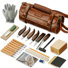 Wood Carving Kit, 33Pcs Wood Carving Tools Set with Thick Leather Storage Bag...