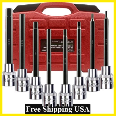 8Pcs Extra Long Allen Hex Bit Socket Set 3/8'' Drive SAE 1/8-3/8'' S2 Alloy Steel