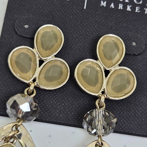 White House Black Market Earrings Drop Tan Gold Tone Rhinestone Teardrop Boho - Picture 2 of 6
