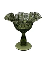 Vintage Fenton Thumbprint Footed Compote Ruffled Edge Colonial Green Mid Century