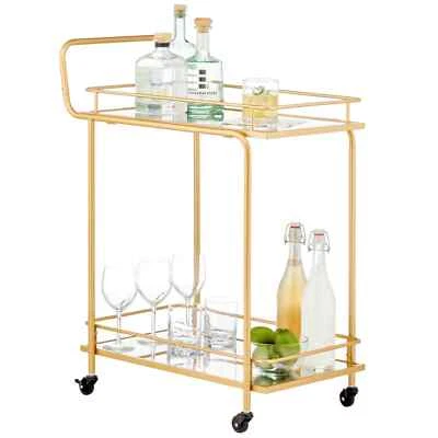 mDesign Vintage *2-Tier Beverage Rolling Cart*Serving Bar*Glass Shelves*Free S/H