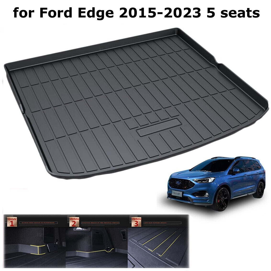 Black TPO Trunk Tray Boot Liner Floor Cover Mat for Ford Edge 5 seats 2015-2023