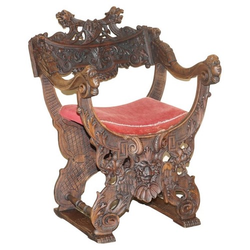 ORIGINAL 19TH CENTURY HEAVILY HAND CARVED ITALIAN WALNUT THRONE ARMCHAIR - Picture 1 of 19