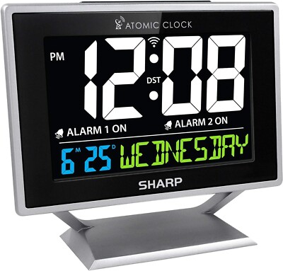 Sharp Desktop Dual Alarm Clock with Color Display - Atomic Accuracy - Calendar &
