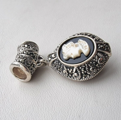 VINTAGE 925 STERLING SILVER BLACK ONYX MARCASITE CAMEO SLIDE