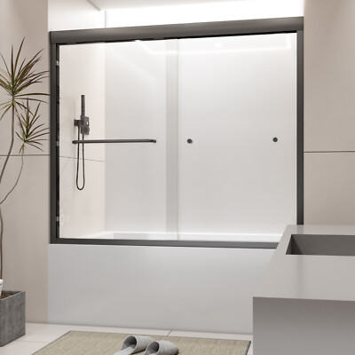 60''x58'' Sliding Shower Tub Door 2 Panel Matte Black Aluminum Frame w Towel Bar