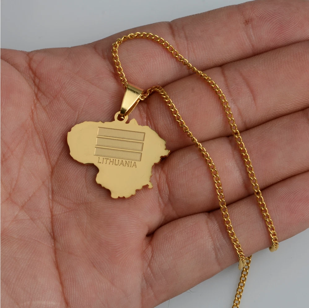 Lithuania Map Flag Country Patriotic Stainless Steel Gold Pendant Chain Necklace