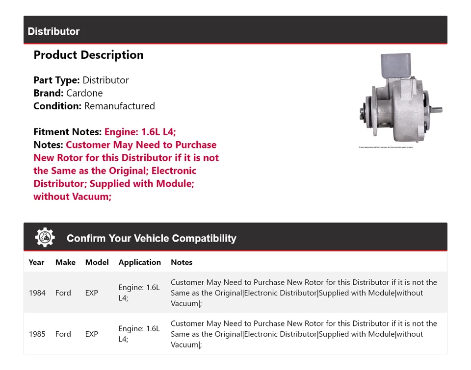Ford EXP 1984-1985 1,6 L L L4 distribuidor cardone Foto 2 de 4